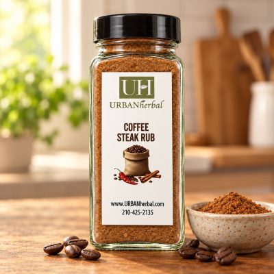 URBANherbal Coffee Steak Rub on a wooden kitchen counter with coffee beans and a bowl of rub
