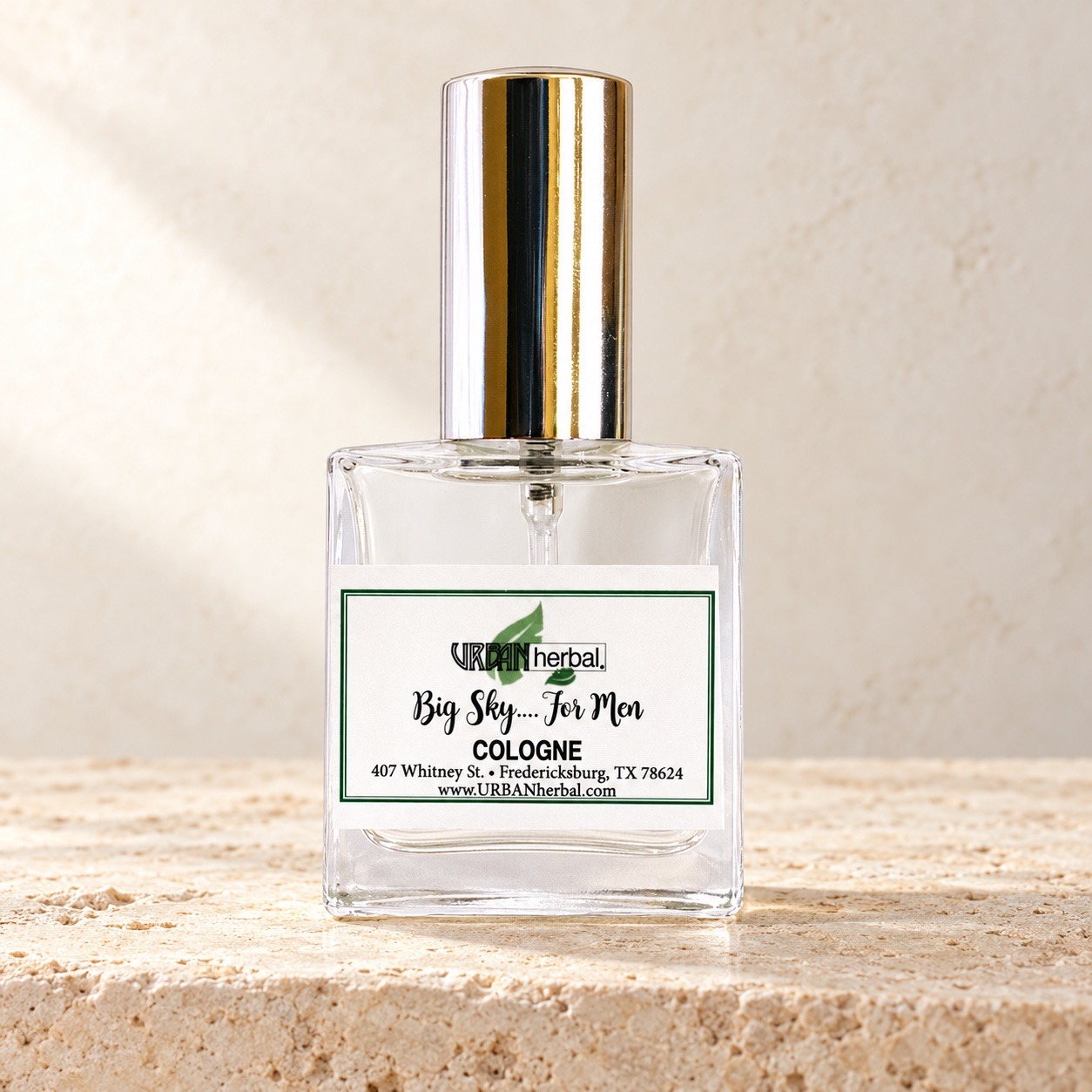 URBANherbal Big Sky for Men cologne on warm ivory stone