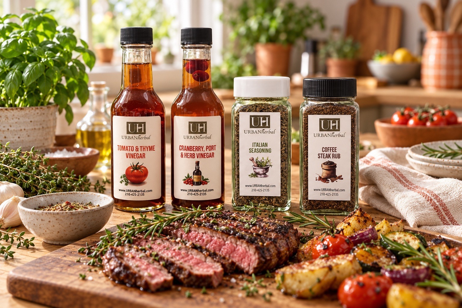 Herbal vinegars and seasonings with steak, roasted vegetables, and fresh herbs in a sunny kitchen
